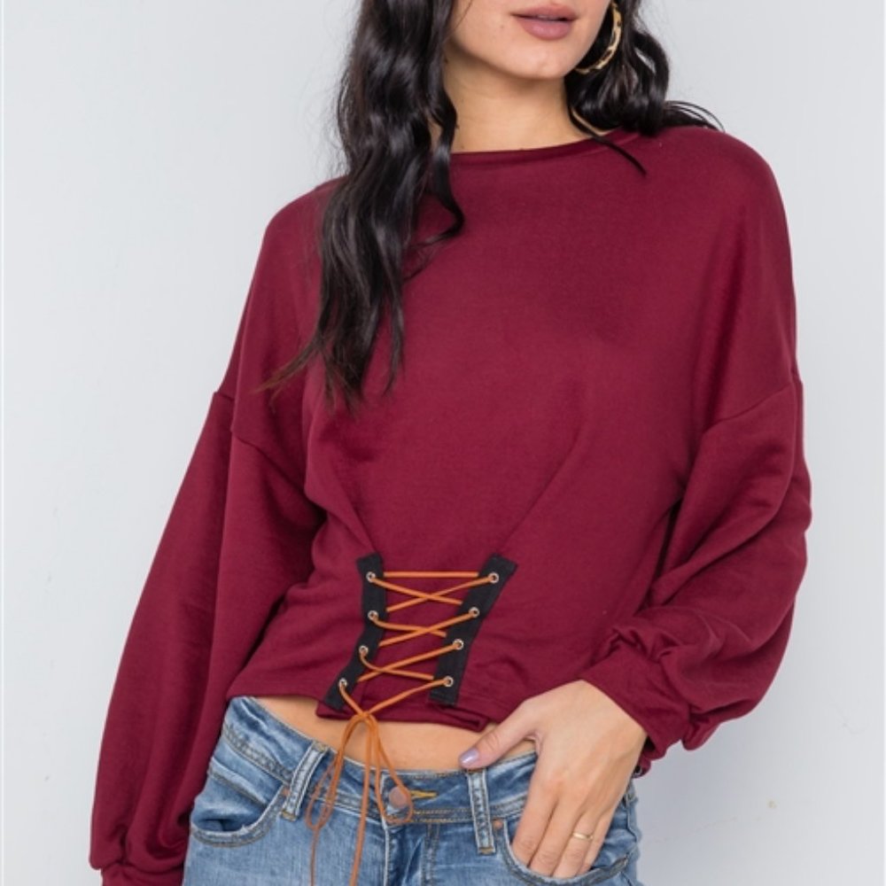 BURGUNDY ORANGE LACE UP SWEATSHIRT